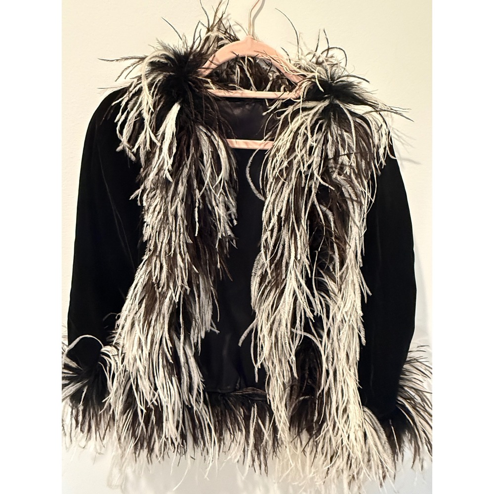 Vintage 60s 70s Ostrich Feather Black Velvet Capelet Wrap